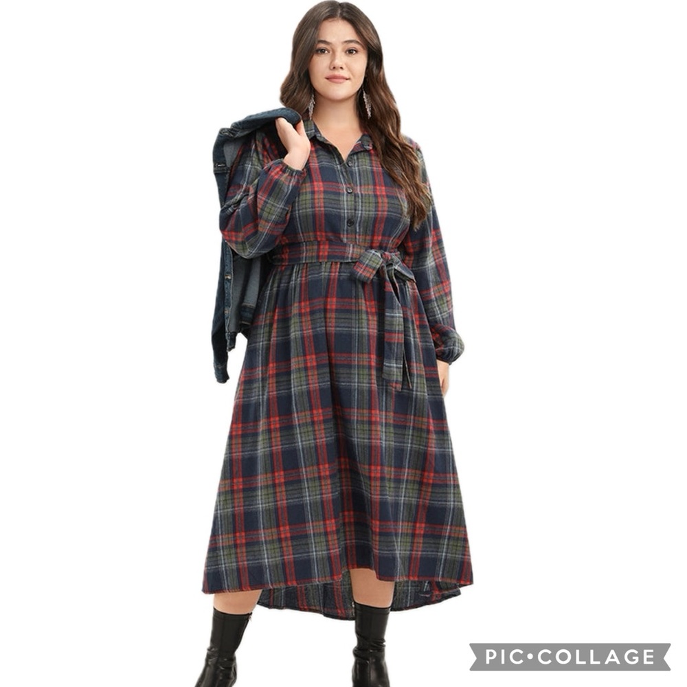 BLOOMCHIC Multi Plaid Button Front Belted Long Sleeve Arc Hemline Midi Dress - Picture 4 of 16